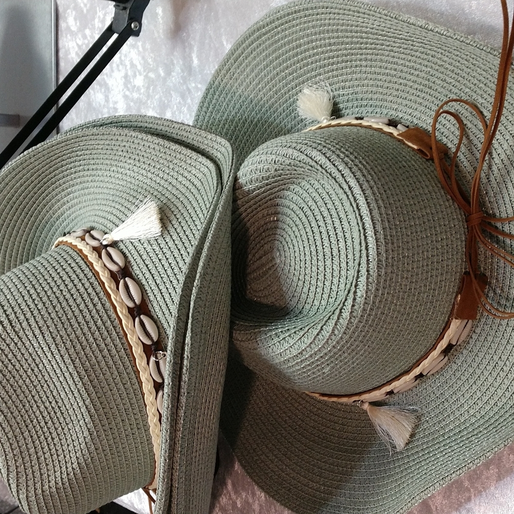 Unisex Woven Western Straw Beach Sun Hat Cowrie Cowry Shells Tassels Sage Green - Picture 9 of 15